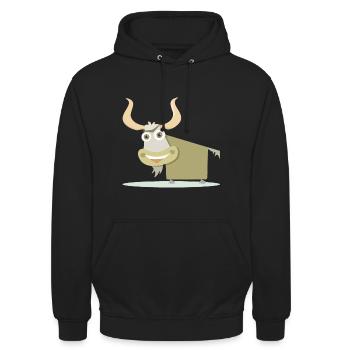 Fröhliche Illustration einer tibetischen Kuh. - Unisex Hoodie - Schwarz - Vorne - Alina (178cm) & Michal (187cm)