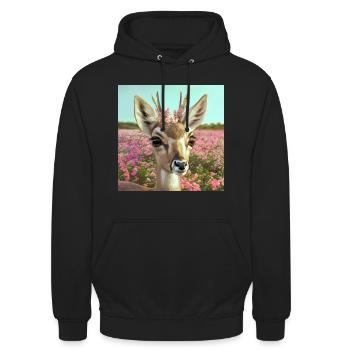 Deer with flower crown in spring meadow (AI-Art) - Unisex Hoodie - black - Front - Alina (178cm) & Michal (187cm)