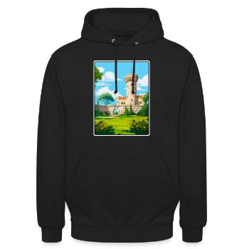 Chaves Portugal Schloss Turm Unter Blauem Himmel Poster - Unisex Hoodie - Schwarz - Vorne - Alina (178cm) & Michal (187cm)