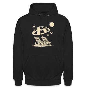 Strandurlaub mit Liegestühlen unter Sonnenschirm - Unisex Hoodie - Schwarz - Vorne - Alina (178cm) & Michal (187cm)
