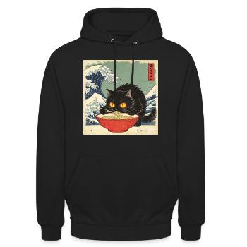 Japan Cat Ramen Noodles Retro Wave Pattern - Unisex Hoodie - black - Front - Alina (178cm) & Michal (187cm)