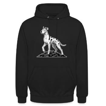 Deutsche Dogge Harlekin-Hund auf dem Riesenfelsen - Unisex Hoodie - Schwarz - Vorne - Alina (178cm) & Michal (187cm)