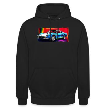 Retro Car on Rainbow Background - Unisex Hoodie - Schwarz - Vorne - Alina (178cm) & Michal (187cm)