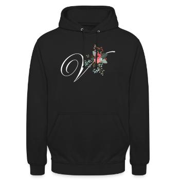 Buchstabe v Blumen - Unisex Hoodie - Schwarz - Vorne - Alina (178cm) & Michal (187cm)