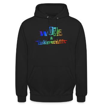 Selbstironie: WOKE & linksversifft - Unisex Hoodie - Schwarz - Vorne - Alina (178cm) & Michal (187cm)