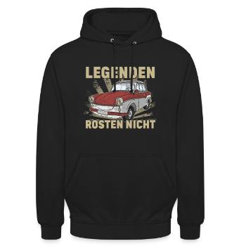Trabi Trabbi  Pappe DDR Fahrzeug Sprüche - Unisex Hoodie - Schwarz - Vorne - Alina (178cm) & Michal (187cm)