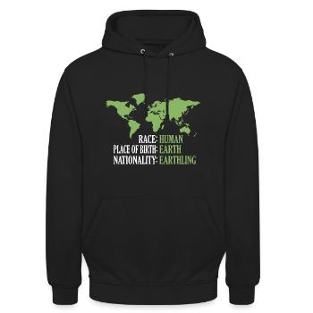 Rasse Mensch Geburtsort Erde Nationalität Erdling - Unisex Hoodie - Schwarz - Vorne - Alina (178cm) & Michal (187cm)