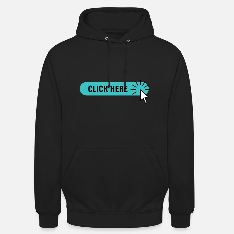 click here – türkiser Button mit Cursor Unisex Hoodie