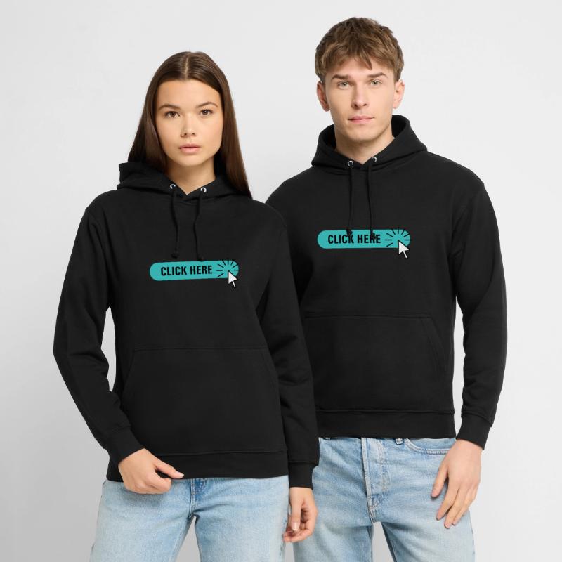 click here – türkiser Button mit Cursor Unisex Hoodie