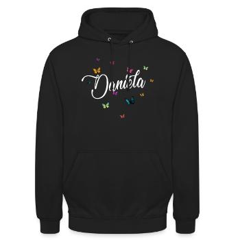 DANIELA - Nom de fille avec des papillons colorés - Sweat-shirt à capuche unisexe - noir - Devant - Alina (178cm) & Michal (187cm)