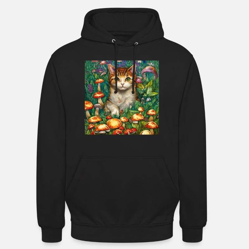 Chat mignon dans un champ de champignons - Sweat-shirt à capuche unisexe - noir