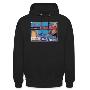 Große Freiheit, Hamburg-St. Pauli | Künstler Motiv - Unisex Hoodie - Schwarz - Vorne - Alina (178cm) & Michal (187cm)