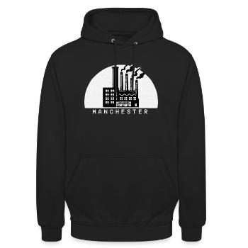 Fabrik in Manchester - Unisex Hoodie - Schwarz - Vorne - Alina (178cm) & Michal (187cm)