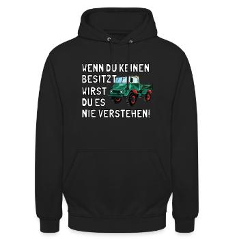 Unimog - Oldtimer - Offroad - Universal Motorgerät - Unisex Hoodie - Schwarz - Vorne - Alina (178cm) & Michal (187cm)