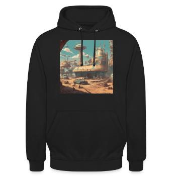 retro-futurismus,1950s, Lowpoly,artwork,scetch - Unisex Hoodie - Schwarz - Vorne - Alina (178cm) & Michal (187cm)