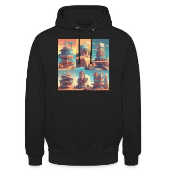 retro-futurismus,1950s, Lowpoly,artwork,scetch - Unisex Hoodie - Schwarz - Vorne - Alina (178cm) & Michal (187cm)