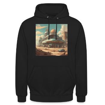 retro-futurismus,1950s, Lowpoly,artwork,scetch - Unisex Hoodie - Schwarz - Vorne - Alina (178cm) & Michal (187cm)
