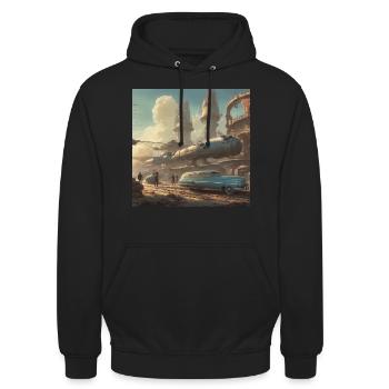 retro-futurismus,1950s, Lowpoly,artwork,scetch - Unisex Hoodie - Schwarz - Vorne - Alina (178cm) & Michal (187cm)