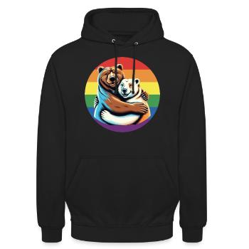 Bären umarmen sich mit Liebe LGBT+ Pride-Flagge - Unisex Hoodie - Schwarz - Vorne - Alina (178cm) & Michal (187cm)