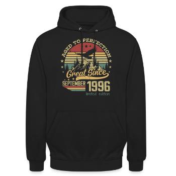 28 Jahre alt bis zur Perfektion gealtert geboren: September 1996 - Unisex Hoodie - Schwarz - Vorne - Alina (178cm) & Michal (187cm)