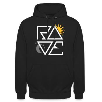 RAVE Minimal Text Sonne Mond Sterne Symbole - Unisex Hoodie - Schwarz - Vorne - Alina (178cm) & Michal (187cm)