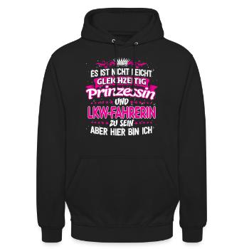 LKW-FAHRERIN - gleichzeitig Prinzessin - Unisex Hoodie - Schwarz - Vorne - Alina (178cm) & Michal (187cm)
