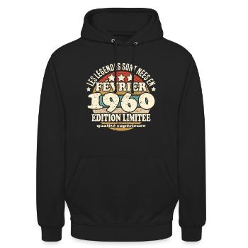 Les légendes sont nées en février 1960 - Sweat-shirt à capuche unisexe - noir - Devant - Alina (178cm) & Michal (187cm)
