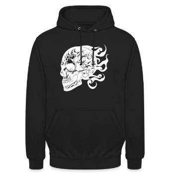 Lachender brennender grinsender Tattoo Schädel - Unisex Hoodie - Schwarz - Vorne - Alina (178cm) & Michal (187cm)
