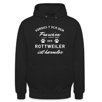 vorsicht frauchen rottweiler harmlos hunde spruch - Unisex Hoodie - Schwarz - Vorne - Alina (178cm) & Michal (187cm)
