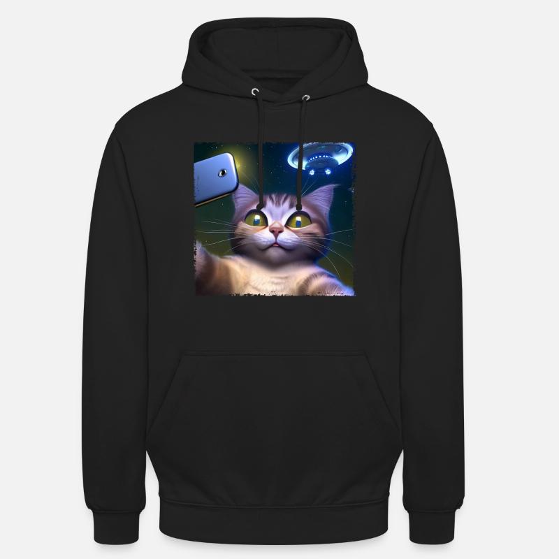 Selfie de chat avec OVNI - Sweat-shirt à capuche unisexe - noir