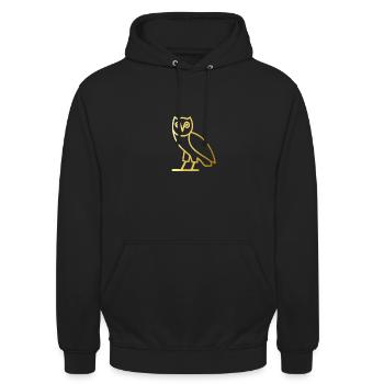 UHU/Eule im Gold Design. - Unisex Hoodie - Schwarz - Vorne - Alina (178cm) & Michal (187cm)