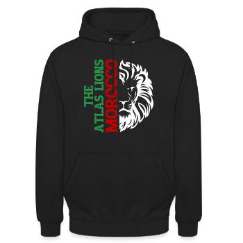 Vertikale Marokko-Typografie mit AtlasLion - Unisex Hoodie - Schwarz - Vorne - Alina (178cm) & Michal (187cm)