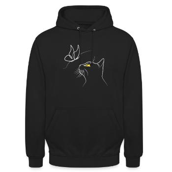 Katze mit Schmetterling - Unisex Hoodie - Schwarz - Vorne - Alina (178cm) & Michal (187cm)
