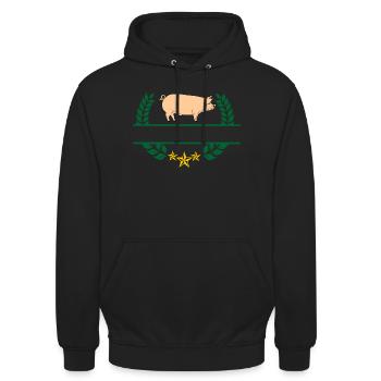 Schwein im grünen Lorbeerkranz - Unisex Hoodie - Schwarz - Vorne - Alina (178cm) & Michal (187cm)