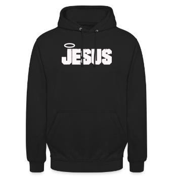 Jesus Schriftzug mit Heiligenschein - Unisex Hoodie - Schwarz - Vorne - Alina (178cm) & Michal (187cm)