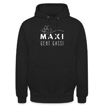 Maxi geht Gassi Hundenamen Hundepfote Hundeleine - Unisex Hoodie - Schwarz - Vorne - Alina (178cm) & Michal (187cm)