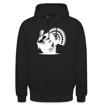 Wilder großer dicker Truthahn mit Flügel Zeichnung - Unisex Hoodie - Schwarz - Vorne - Alina (178cm) & Michal (187cm)