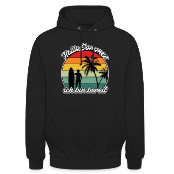Hallo Sommer, Strand, Surfen, Palmen, Meer - Unisex Hoodie - Schwarz - Vorne - Alina (178cm) & Michal (187cm)