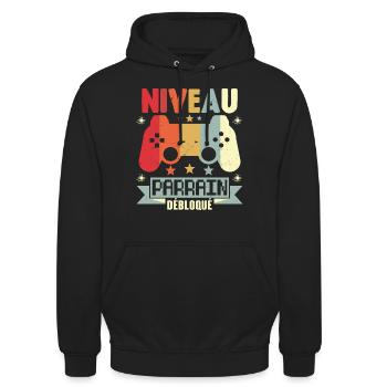 Niveau Parrain Débloqué Annonce Grossesse Cadeau - Sweat-shirt à capuche unisexe - noir - Devant - Alina (178cm) & Michal (187cm)