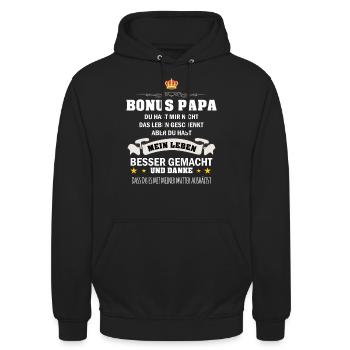 Bonus Papa Stiefvater Vatertag Geschenkidee - Unisex Hoodie - Schwarz - Vorne - Alina (178cm) & Michal (187cm)