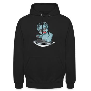 DJ Katze mit Kopfhörern an den Vinyl's - Unisex Hoodie - Schwarz - Vorne - Alina (178cm) & Michal (187cm)