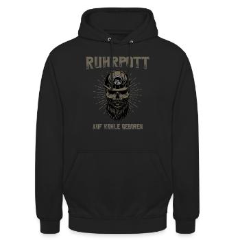 Ruhrpott Auf Kohle geboren Kumpel Skull - Unisex Hoodie - Schwarz - Vorne - Alina (178cm) & Michal (187cm)