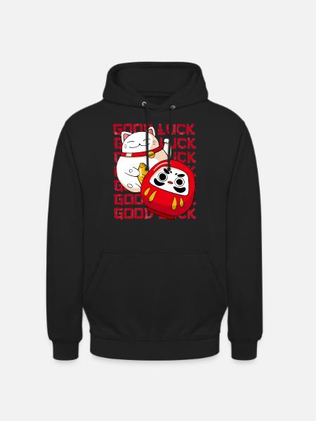 Maneki Neko Cat Japanese Daruma Doll Good Luck - Unisex Hoodie - black