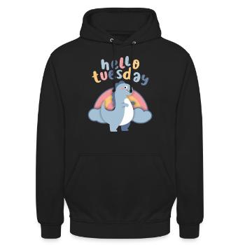 Kawaii Dinosaurier, Regebogen Hello-Tuesday Spruch - Unisex Hoodie - Schwarz - Vorne - Alina (178cm) & Michal (187cm)