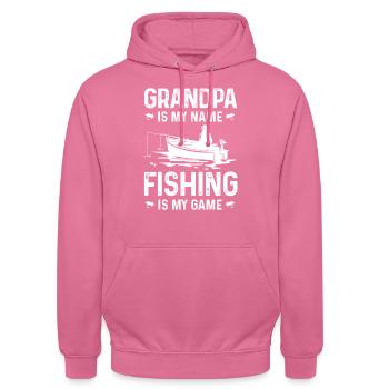 Grandfather is my name Fishing is my game - Unisex Hoodie - pink - Front - Alina (178cm) & Michal (187cm)