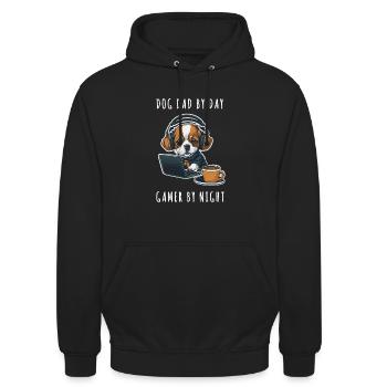 dog dad by day gamer by night - Unisex Hoodie - black - Front - Alina (178cm) & Michal (187cm)
