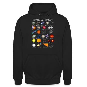 Weltraum Astronomie Alphabet ABC - Unisex Hoodie - Schwarz - Vorne - Alina (178cm) & Michal (187cm)