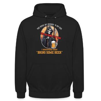 Le diable a murmuré je viens pour toi - Apporte de la bière - Sweat-shirt à capuche unisexe - noir - Devant - Alina (178cm) & Michal (187cm)