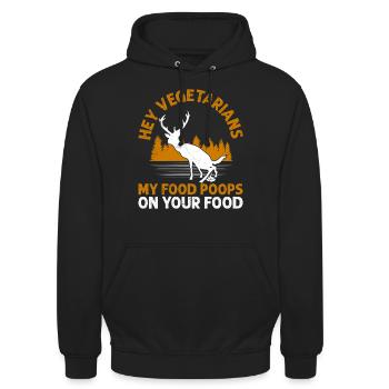 Anti Vegan Hey Vegetarians My Food Poops on Yours - Unisex Hoodie - Schwarz - Vorne - Alina (178cm) & Michal (187cm)