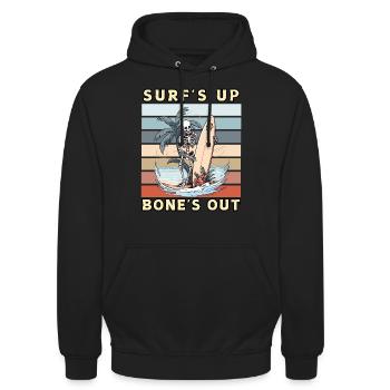 Surf's Up Bone's Out, Funny Skeleton Surfing - Unisex Hoodie - Schwarz - Vorne - Alina (178cm) & Michal (187cm)